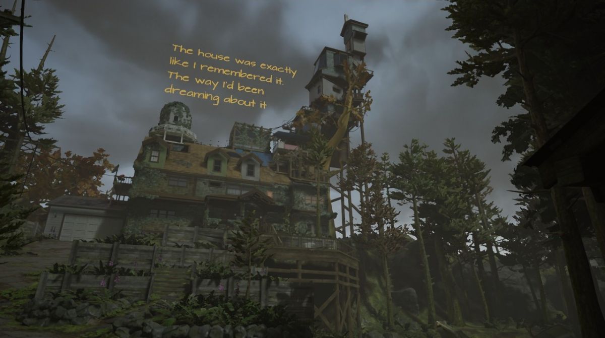 Screenshot of a video game showing a large, strange house with a tall tower on one side and text hovering above the roof that says 'The house was exactly like I remembered it. The way I'd been dreaming about it.'