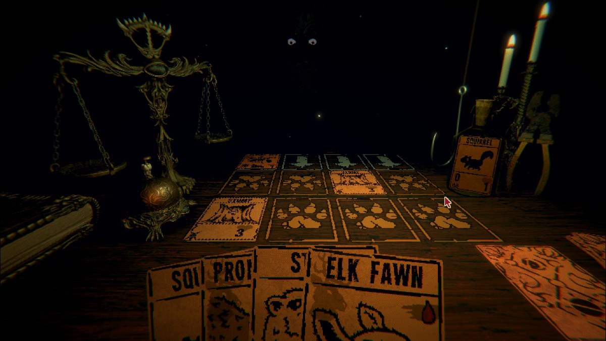 Screenshot of a video game showing hand of cards with animals on them, a metal scale and bell, spots to place cards outlined on the table, and an ominous pair of eyes in the darkness on the far side of the table.