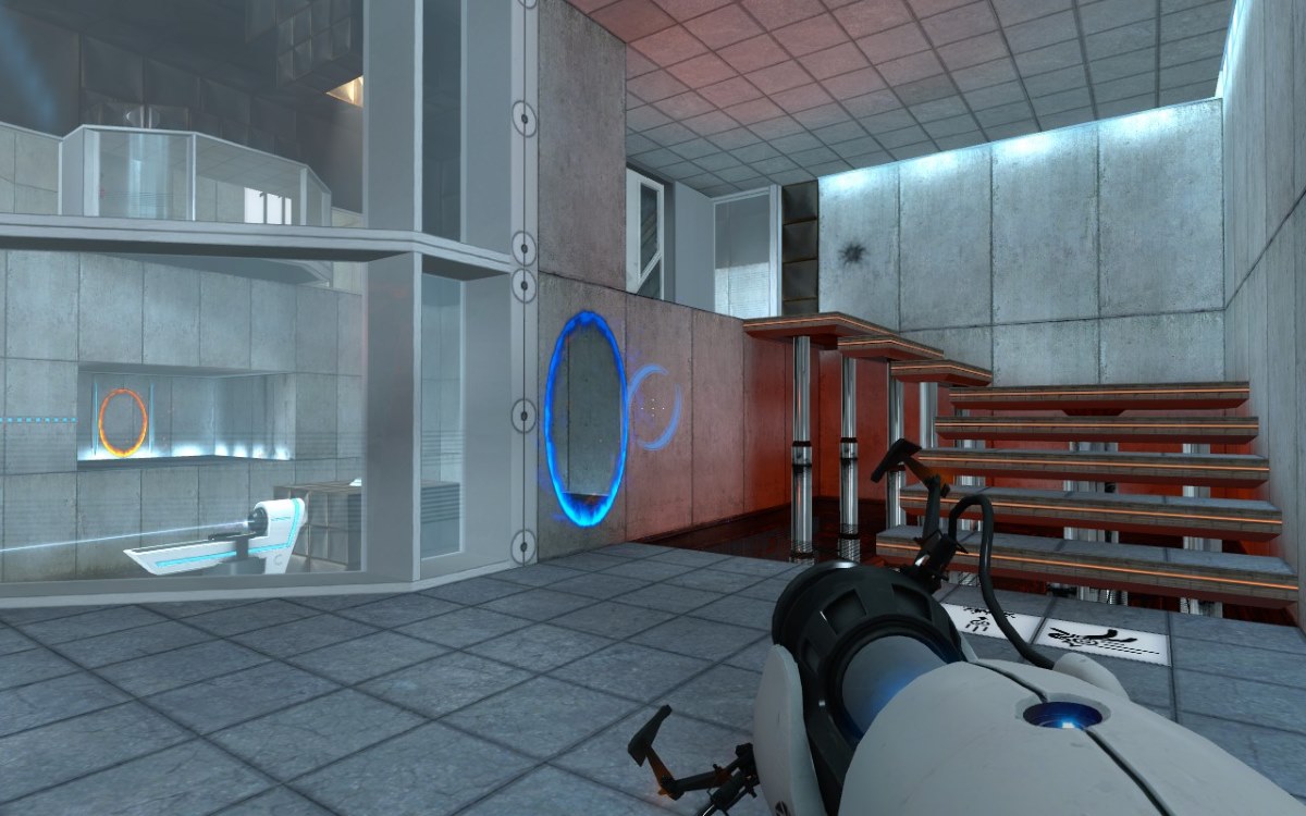 Screenshot of a video game showing an experiment test chamber and a gun that can make oval portals in the walls.