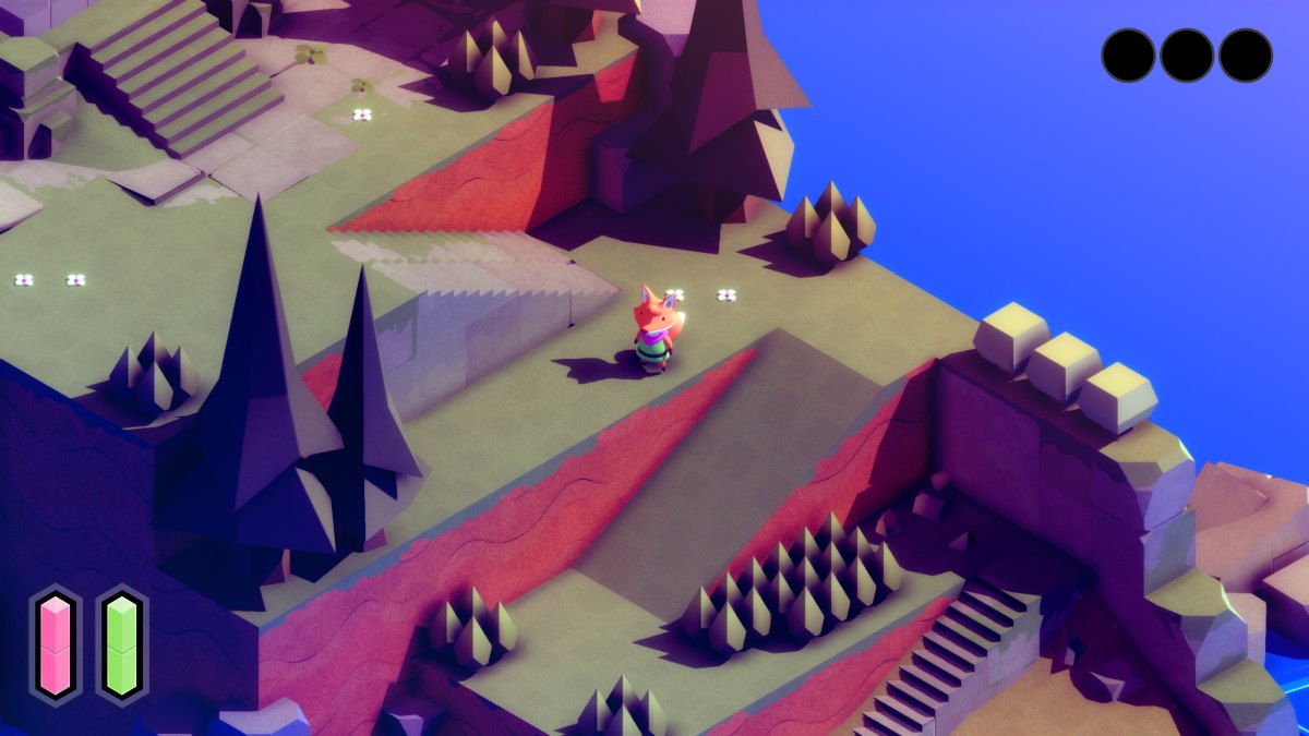 Screenshot of a video game showing a small humanoid fox wearing a tunic and scarf next to a series of stairs and ramps leading up the edge of a hill.