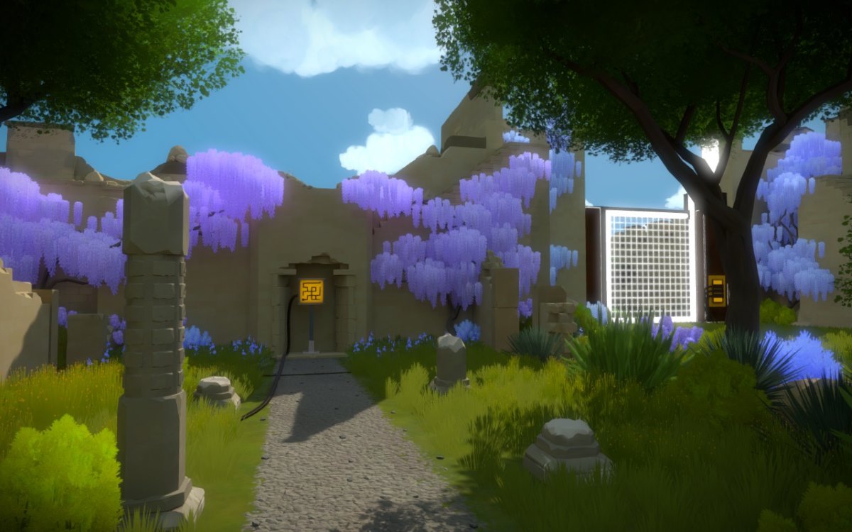 Screenshot of a video game showing a lush garden of trees and plants with screens and cables for puzzles.