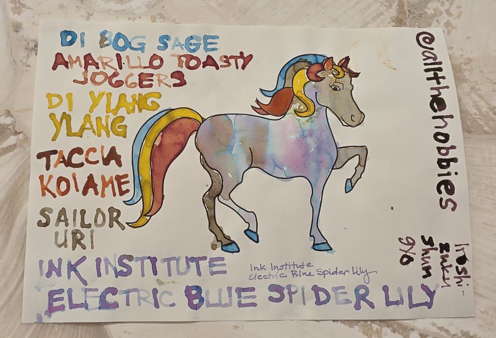 Coloring book outline of pony in painted in blue, yellow, orange, gray, blue, and pink. Inks used include Dominant Industry Bog Sage, Amarillo Toasty Joggers, Dominant Industry Ylang Ylang, Taccia Koiame, Sailor Uri, Ink Inkstitute Electric Blue Spider Lily