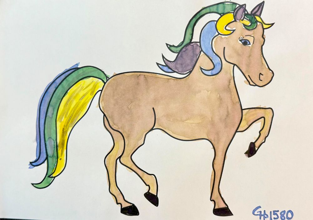 Coloring sheet outline of pony painted a soft brown with colorful mane and tail of yellow and dusty purple, green, and blue shades.