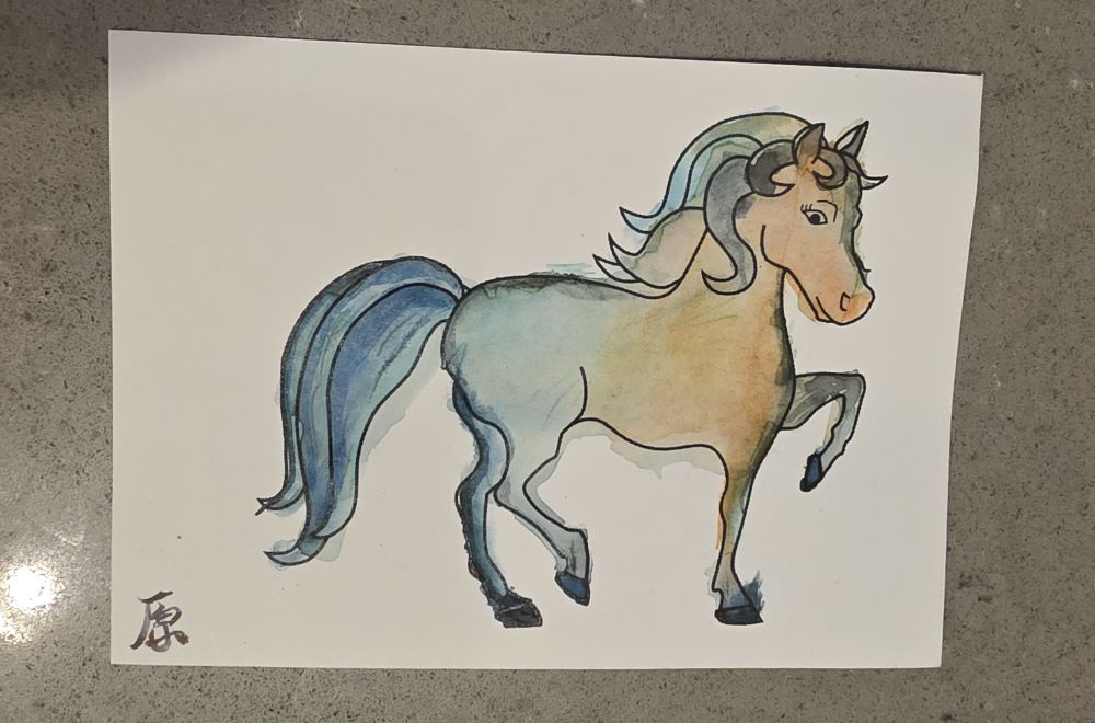 Coloring book outline of pony in soft blues, grays, tan, and orange.