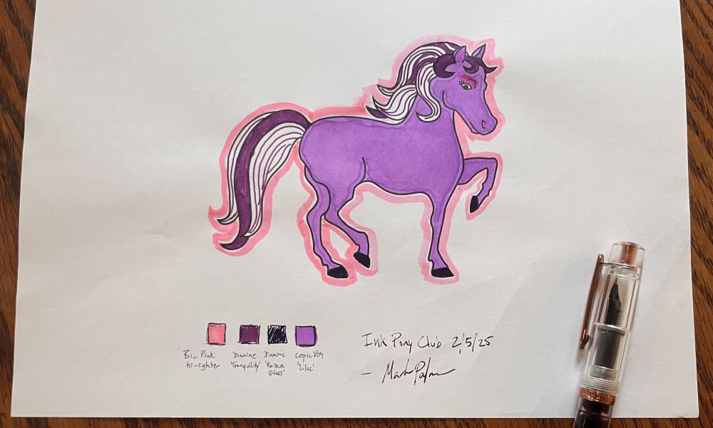 Coloring book outline of pony painted in pink and purple.