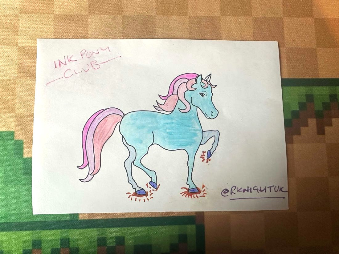 Coloring sheet outline of pony colored in light blue with various shades of pink for the mane and tail and periwinkle hooves.