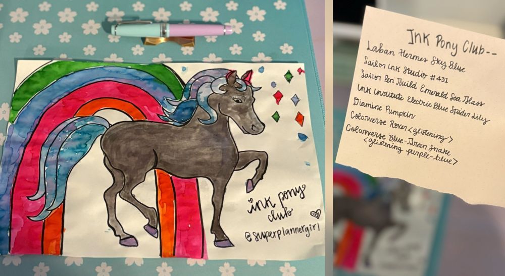 Coloring sheet outline of pony painted with fountain pen inks in warm gray with blue and purple mane and tail, with a rainbow of orange, pink, blue, and green and diamond shapes in the background. Written note that says Ink Pony Club, Laban Hermes Sky Blue, Sailor Ink Studio #431, Sailor Pen Guild Emerald Sea Glass, Ink Institute Electric Blue Spider Lily, Diamine Pumpkin, Colorverse Rover (glistening), Colorverse Blue-Green Snake (glistening purple-blue).