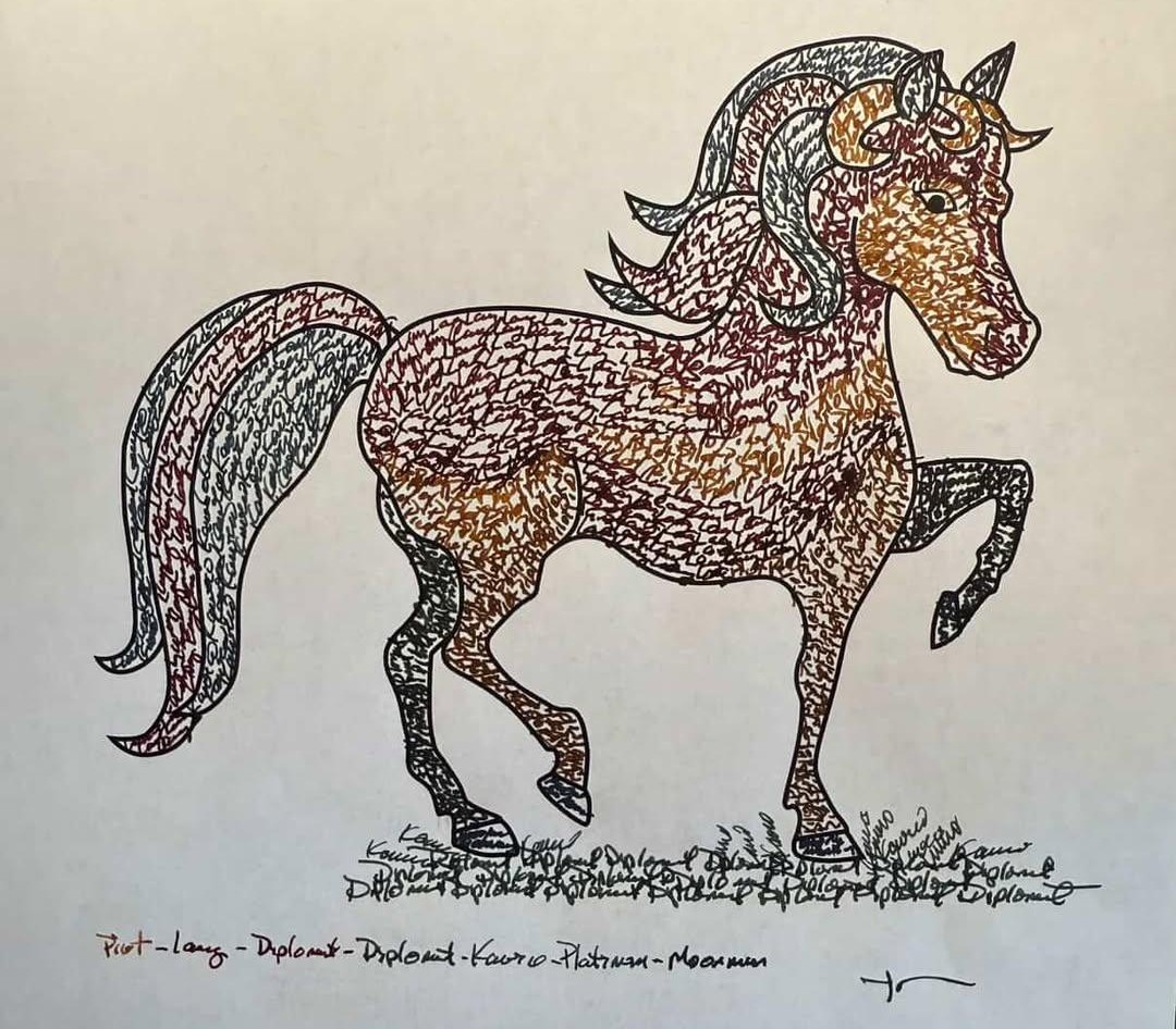 Coloring sheet outline of pony filled in with the words Pilot, Lamy, Diplomat, Kaweco, Platinum, and Moonman, each written in small cursive in a diferent color including golden yellow, red, green, and black.